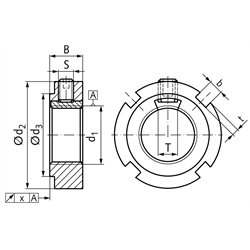 Nutmutter KMK-R Material 1.4301 mit integrierter Sicherung Größe 12 Gewinde M60x2 , Technische Zeichnung