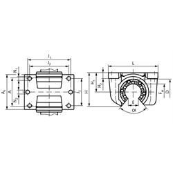 Offenes Präzisions-Gehäuse KG-O ISO-Reihe 3 Gehäuse-Bohrung 22mm für offene Linearlager für Wellen-Ø 12mm, Technische Zeichnung