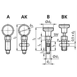 Rastbolzen 717 Form AK Bolzendurchmesser 6mm Gewinde M12x1,5, Technische Zeichnung