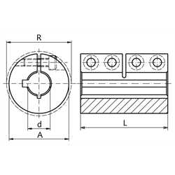 Geschlitzte Schalenkupplung MAS beidseitig Bohrung 16mm mit Nut Stahl C45 brüniert mit Schrauben DIN 912-12.9 , Technische Zeichnung