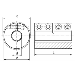 Geschlitzte Schalenkupplung MAS beidseitig Bohrung 16mm ohne Nut Stahl C45 brüniert mit Schrauben DIN 912-12.9 , Technische Zeichnung