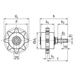 PU-Kettenschmierritzel DIN ISO 12 B-1 8 Zähne gleitgelagert Schmieranschluss axial, Technische Zeichnung