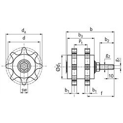 PU-Kettenschmierritzel DIN ISO 10 B-2 10 Zähne gleitgelagert Schmieranschluss axial, Technische Zeichnung