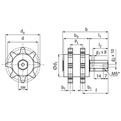 PU-Kettenschmierritzel DIN ISO 24 B-2 10 Zähne gleitgelagert Schmieranschluss radial, Technische Zeichnung