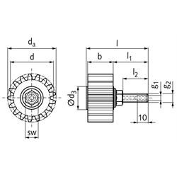 PU-Schmierzahnrad Modul 4 17 Zähne geradverzahnt Schmieranschluss axial, Technische Zeichnung