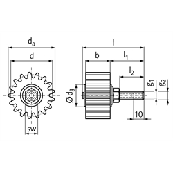 Schmierzahnräder, geradverzahnt, Schmieranschluss axial, Technische Zeichnung