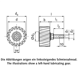 PU-Schmierzahnrad Modul 3 17 Zähne schrägverzahnt rechtssteigend Schmieranschluss axial, Technische Zeichnung