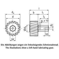 PU-Schmierzahnrad Modul 10 17 Zähne schrägverzahnt linkssteigend Schmieranschluss radial, Technische Zeichnung