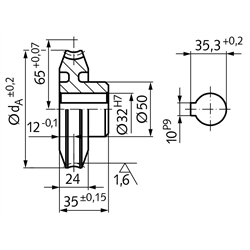 Präzisions-Schneckenrad Achsabstand 65mm i=6,25 25 Zähne , Technische Zeichnung