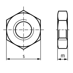 Niedrige Sechskantmutter ISO 4035 (DIN 439) Stahl Festigkeit 04 verzinkt Gewinde M12 rechts, Technische Zeichnung