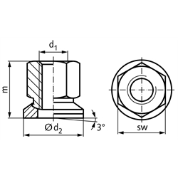 Sechskantmutter 2308 mit Kugelpfanne M12 Vergütungsstahl Festigkeitsklasse 10 brüniert , Technische Zeichnung