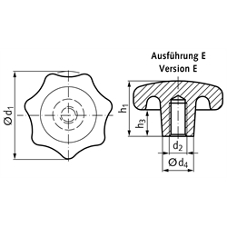 Sterngriff ähnlich DIN 6336 aus Aluminium Ausführung E Durchmesser 63mm , Technische Zeichnung
