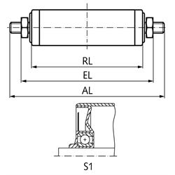 Tragrolle S1 Stahl verzinkt Ø=60mm RL=600mm EL=622mm AL=652mm Außengewinde, Technische Zeichnung