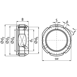 Wellenmutter KMT-R 4 Werkstoff 1.4301 mit Sicherungsstiften Gewinde M20x1, Technische Zeichnung